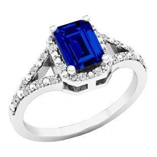 7X5 MM Lab Created Blue Sapphire & 0.15 CT White Diamond Split Shank Ladies Engagement Ring, 925 Sterling Silver