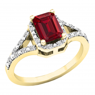 7X5 MM Lab Created Ruby & 0.15 CT White Diamond Split Shank Ladies Engagement Ring, 10K Yellow Gold
