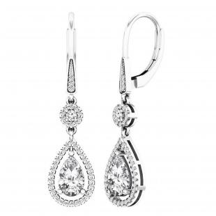 8X5 MM Lab Created Round & Pear White Sapphire & Round Diamond Dangling Earrings 10K White Gold