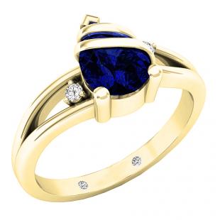 14K Yellow Gold 8X6 MM Pear Lab Created Blue Sapphire & Round Diamond Ladies 3 Stone Ring
