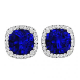 18K White Gold 8 MM Each Cushion Lab Created Blue Sapphire & Round White Diamond Stud Earrings