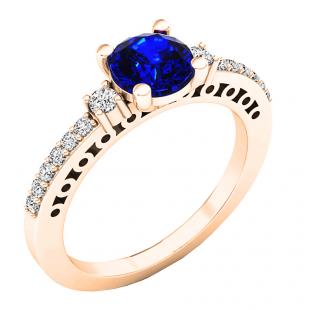 18K Rose Gold 6 MM Round Lab Created Blue & White Sapphire And Diamond Ladies 3 Stone Ring