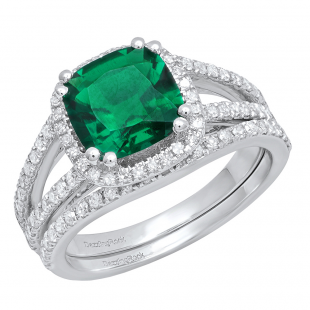10K White Gold 8 MM Cushion Lab Created Emerald & Round Diamond Ladies Bridal Ring Set