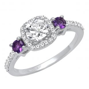 10K White Gold 5 MM Cushion Created White Sapphire Round Amethyst & Diamond Ladies Engagement Ring