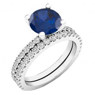 10K White Gold 7 MM Lab Created Round Blue Sapphire & White Diamond Bridal Engagement Ring sets