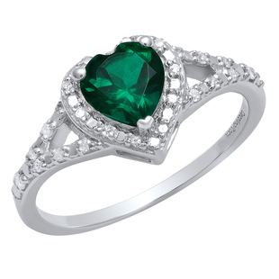 Sterling Silver 6 MM Heart Lab Created Emerald & Round White Diamond Ladies Engagement Ring