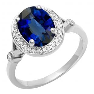 14K White Gold 9X7 MM Oval Lab Created Blue Sapphire & Round Diamond Bridal Engagement Ring