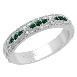 10K White Gold Round Lab Created Emerald & Diamond Ladies Vintage Stackable Wedding Band