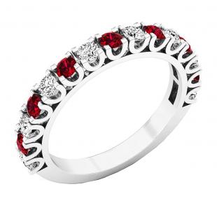 10K White Gold Round Lab Created Ruby & Diamond Ladies Bridal Anniversary Wedding Band