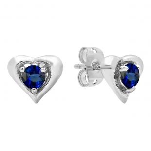 4 mm Round Lab Created Blue Sapphire Ladies Heart Stud Earrings Sterling Silver