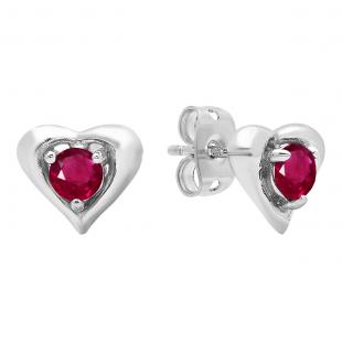 4 mm Round Lab Created Ruby Ladies Heart Stud Earrings Sterling Silver