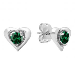 4 mm Round Lab Created Emerald Ladies Heart Stud Earrings Sterling Silver
