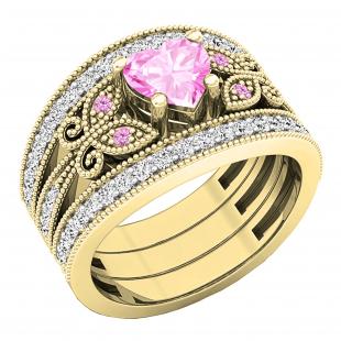 6mm Heart & Round Shape Lab Created Gemstone & Round Cubic Zirconia Metal Beaded Style Anniversary Ring Set For Women 10K Yellow Gold