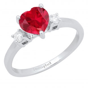 7 MM Heart Lab Created Ruby & Round White Diamond 3 Stone Wedding Ring for Her | 18K White Gold