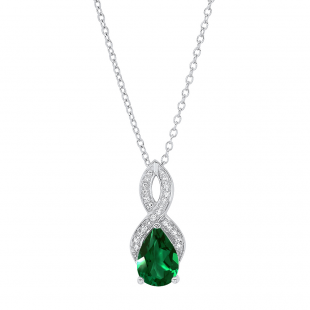 10X7mm Lab Created Pear Emerald and Natural Round White Diamond Ladies Infinity Teardrop Pendant with 18 Inch Gold Chain in 10K White  Gold