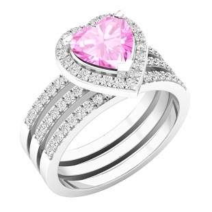 7 MM Heart Lab Grown Pink Sapphire & Round White Diamond Ladies Engagement Ring Double Band Set10K White Gold