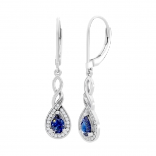 6X4mm Each Pear Lab Created Blue Sapphire & Round Natural White Diamond Swirl Halo Teardrop Lever Back Dangling Drop Earrings for Women in 10K White Gold