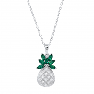 4X2 mm Marquise Lab Created Emerald & Round White Diamond Ladies Pineapple Pendant, Sterling Silver