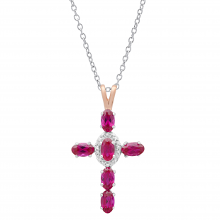 5X3 mm Oval Lab Created Ruby & Round White Diamond Ladies Cross Pendant, 14K White & Rose Gold