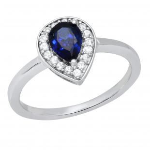 7X5 MM Pear Lab Created Blue Sapphire & Round White Sapphire Ladies Halo Engagement Ring Sterling Silver