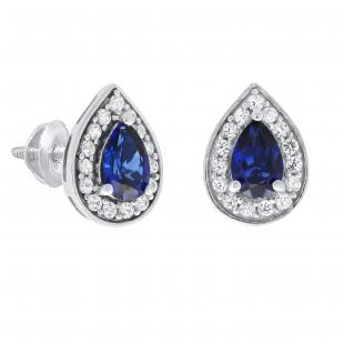 6X4 MM Pear Lab Created Blue Sapphire & Round White Sapphire Ladies Halo Teardrop Stud Earring Sterling Silver