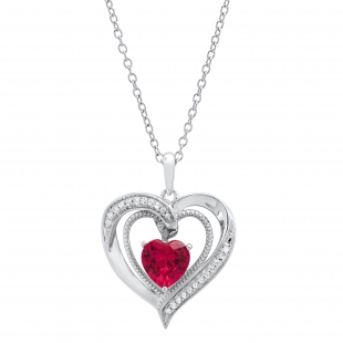 7mm Heart Shape Lab Created Ruby & Round Lab Created White Sapphire Double Heart Slider Pendant with 18 Inch Silver Chain for Women | 925 Sterling Silver