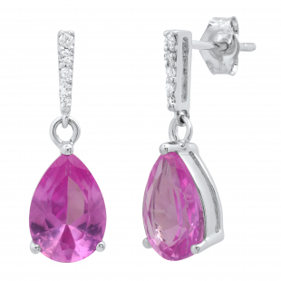 9X7 mm Pear Lab Created Pink Sapphire Ladies Earrings with Round Diamond Accents Sterling Silver