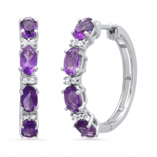 5X3 mm Oval Amethyst & Round Created Sapphire Ladies Huggies Hoop Earrings 925 Sterling Silver