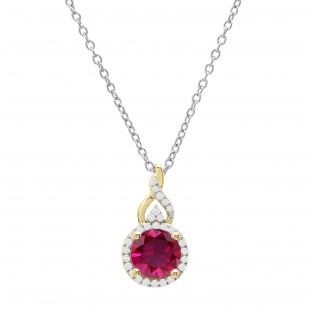 7 mm Round Lab Created Ruby & Natural White Diamond Pendant for Women with 18 inch Silver Chain in 14K Yellow Gold