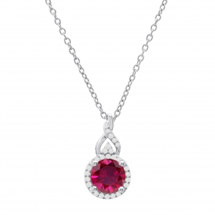 7 mm Round Lab Created Ruby & Natural White Diamond Pendant for Women with 18 inch Silver Chain in 925 Sterling Silver