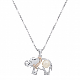 White Freshwater Pearl & White Sapphire Elephant Pendant with Silver Chain, 925 Sterling Silver