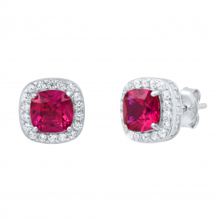 6 MM Cushion Lab Created Ruby & Round White Sapphire Halo Stud Earrings for Her | Sterling Silver