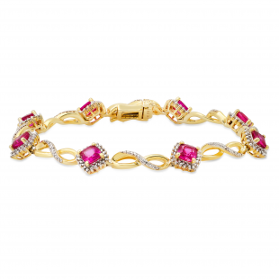 8.5 mm Created Ruby Ladies Bracelet with Natural Diamond Accent Yellow Gold Plated Sterling Silver