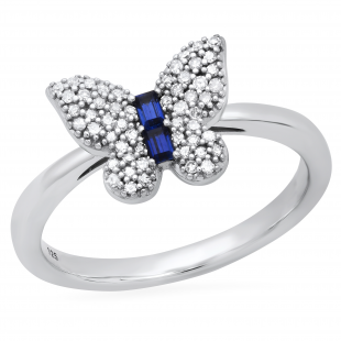 Emerald Created Blue Sapphire & Round Diamond Ladies Butterfly Cocktail Ring | 925 Sterling Silver