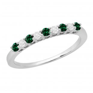 2 MM  Round Lab Created Emerald & Natural White Diamond 9 Stones Wedding Band |14K White Gold