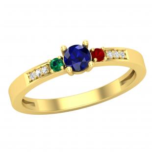 Lab Created Multi Gem Stone With Natural White Diamond Three Stone Engagement Ring 10K Yellow Gold