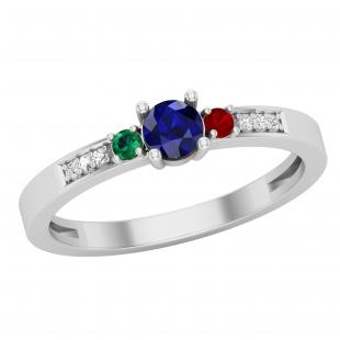 Lab Created Multi Gem Stone With Natural White Diamond Three Stone Engagement Ring 925 Sterling Silver
