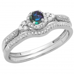 3.2mm Round Lab Grown Alexandrite and White Natural Diamond Halo Vintage Ring Set for Women in 10K White Real Solid Gold