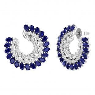 Oval Lab Created Blue Sapphire & Marquise, Round White Diamond Spiral Circle Stud Earrings for Women in 925 Sterling Silver in Push Back