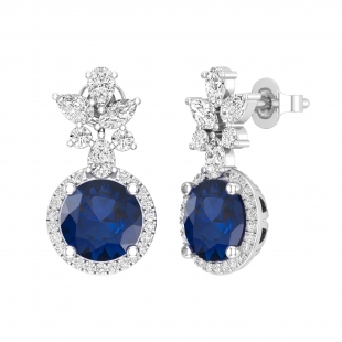 8mm Round Lab Created Blue Sapphire & Pear, Marquise, Round White Diamond Halo Stud Earrings for Her in 10K White Gold in Push Back