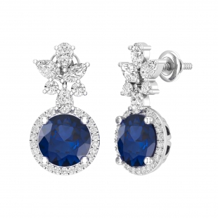 8mm Round Lab Created Blue Sapphire & Pear, Marquise, Round White Diamond Halo Stud Earrings for Her in 10K White Gold in Screw Back