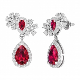 Pear Lab Created Ruby, Pear & Round White Diamond Teardrop Dangling Earrings for Women in 925 Sterling Silver in Screw Back