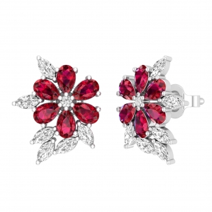 Pear Lab Created Ruby, Marquise & Round White Diamond Floral Stud Earrings for Women in 925 Sterling Silver in Push Back