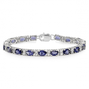 22.14 Carat (ctw) Sterling Silver Oval Shape Iolite & Round Cut White Topaz Ladies Tennis Bracelet (7 Inch Length)