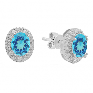 Sterling Silver Oval Cut Blue Topaz & Round White Sapphire Ladies Halo Style Fashion Stud Earrings