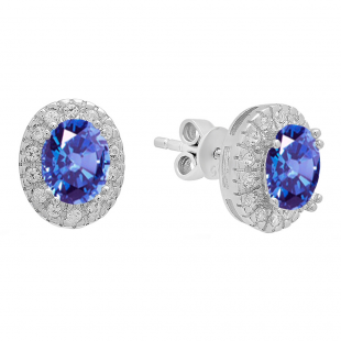 Sterling Silver Oval Cut Tanzanite & Round White Sapphire Ladies Halo Style Fashion Stud Earrings