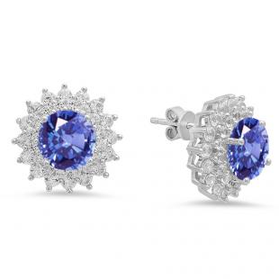 Sterling Silver Round Cut Tanzanite & White Sapphire Ladies Halo Style Fashion Stud Earrings
