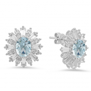 Sterling Silver Oval Cut Aquamarine Round white sapphire & Taper Cut white topaz Ladies Snowflake Style Fashion Stud Earrings