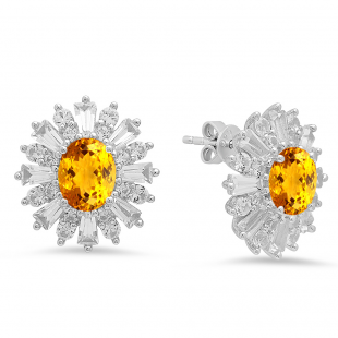 Sterling Silver Oval Cut Citrine Round white sapphire & Taper Cut white topaz Ladies Snowflake Style Fashion Stud Earrings