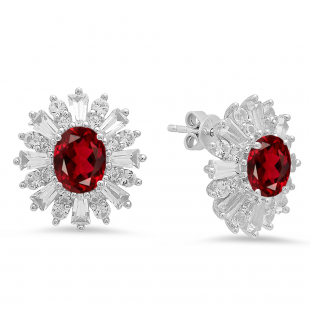 Sterling Silver Oval Cut Garnet Round white sapphire & Taper Cut white topaz Ladies Snowflake Style Fashion Stud Earrings
